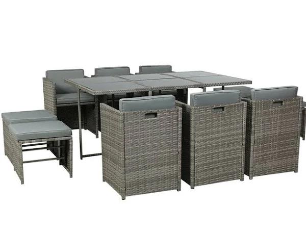 Gardeon Outdoor Dining Set 11 Piece Wicker Table Chairs Setting - Grey