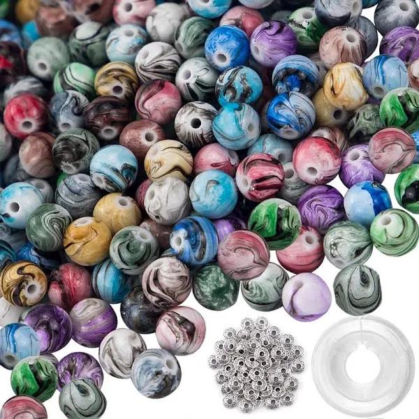 QUEFE 500pcs Craft Beads For Jewelry Making, For Bracelets Making,Space Acrylic Beads in Ink Patterns with 50pcs Spacer Beads and Crystal String