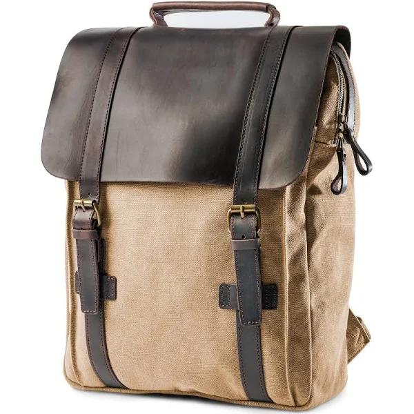 Vintage-Style Tan Canvas & Dark Leather Backpack - For Men - Delton Bags