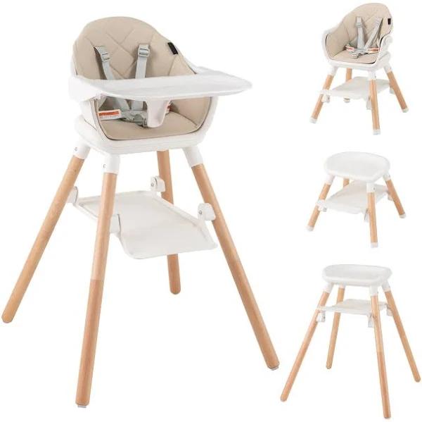 Babyjoy 6-in-1 Convertible Baby Highchair Toddler Dining Feeding Seat w/Trays & Storage Shelf Kids Chair Beige - Earn Everyday Rewards, AfterPay