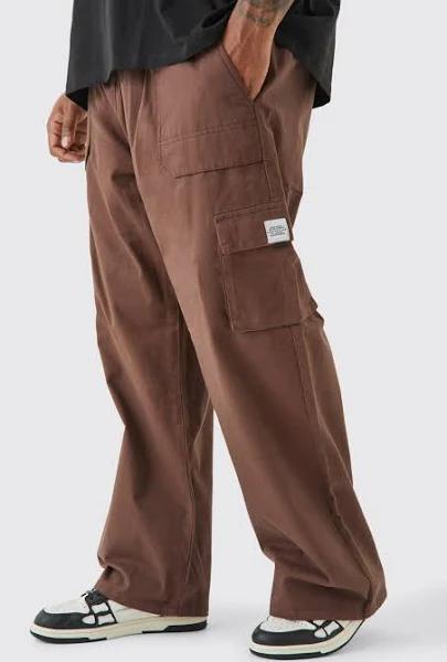 boohooMAN Mens Brown Plus Elastic Waist Relaxed Fit Buckle Cargo Jogger, Male XXXL