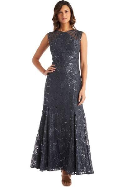 R&M Richards Sleeveless Sequined Lace Evening Gown with Sheer Inserts Charcoal / 18