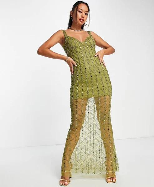 ASOS Design All Over Embellished Sequin Maxi Slip Dress in Olive-Multi