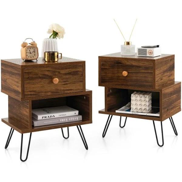 Giantex 2x Wooden Nightstand Bedside Table End Table Storage Shelf Metal Legs Living Room Bedroom w/Drawer