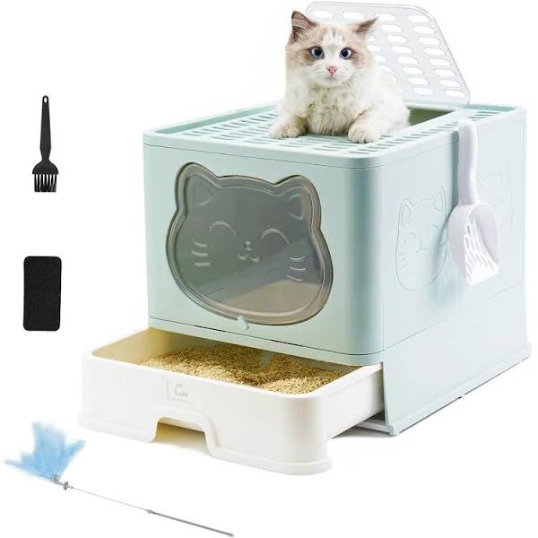 HelloMiao Fully Enclosed Cat Litter Box with Lid, Foldable Extra Large Cat Toilet, Drawer Type Cat Litter Tray with Plastic Scoop, Suitable for Cats