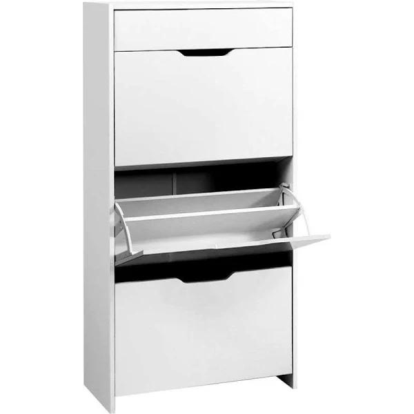 Artiss Shoe Cabinet 3 Tier Shoes Storage Drawer High Gloss White Rack Shelf