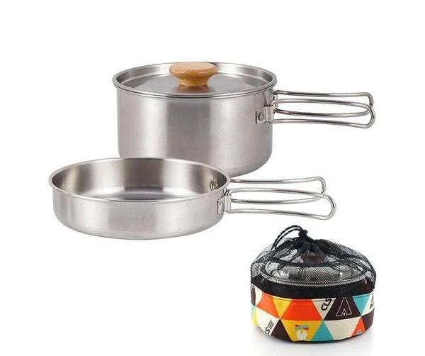 Outdoor Hiking Camping Pot Pan Cook Cookware Set - Silver