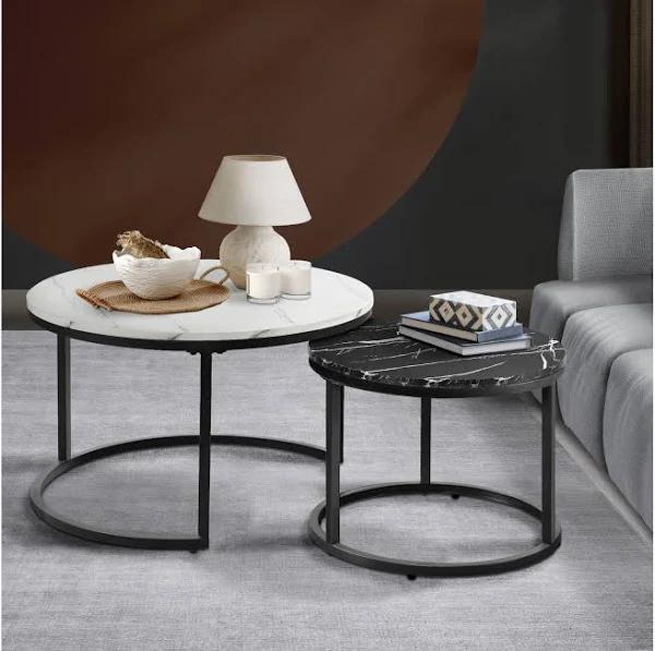 Oikiture Set of 2 Coffee Table Round Nesting Side End Table White & Black