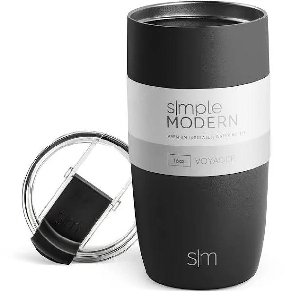 Simple Modern Voyager Insulated Travel Mug Tumbler With Straw And Clear Flip Lid - Coffee Cup Stainless Steel Thermos 16oz -Midnight Black