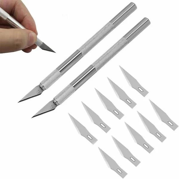 2pack Precision Carving Craft Knife Stainless Steel Metal Knives with Safety Cap and 10pcs Knife Blades For DIY Art Cutting Sculpture Carving Knife