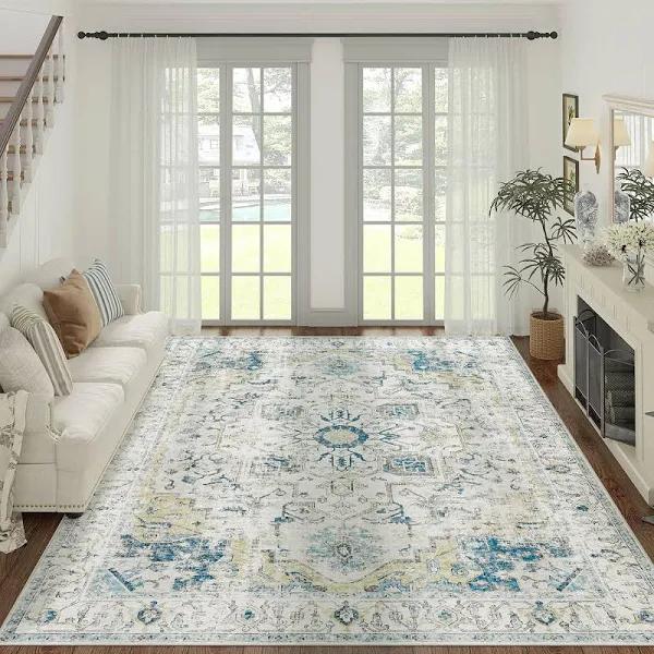 JINCHAN Rug Vintage Carpet 240x305CM Persian Rug Indoor Floor Mat Print Distressed Rug Light Blue Foldable Accent Rug Lightweight Non Slip Kitchen