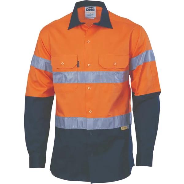 DNC HiVis Cool-Breeze Cotton Shirt with 3M 8910 R/Tape - Long Sleeve - Orange/Navy - 2XL