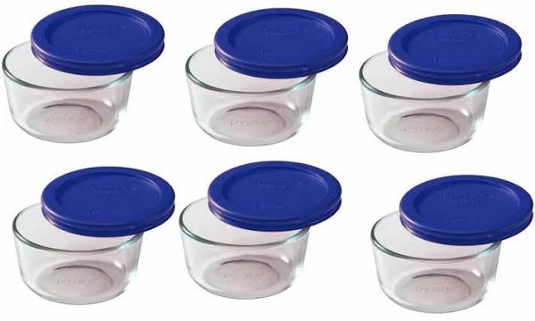 Pyrex Storage 1 Cup Round Dish, Clear with Blue Lid, Pack of 6 Containers