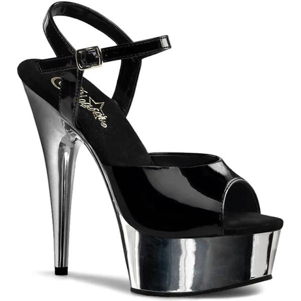 Pleaser DELIGHT-609 Black & Silver Chrome Heels 7