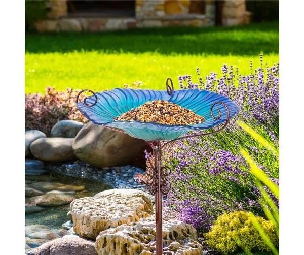 Glass Birdbath Birdfeeder w/ 5 Prongs for Outdoor Garden Patio Lawn