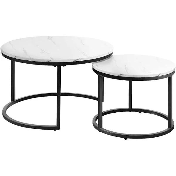 Oikiture Set of 2 Coffee Table Marble Round Nesting White & Black