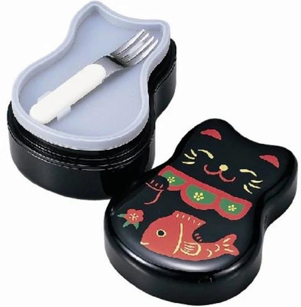 Lucky Cat Bento Lunch Box with Fork - Black