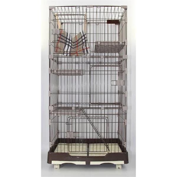 146 cm Brown Pet 4 Level Cat Cage House with Litter Tray & Wheel