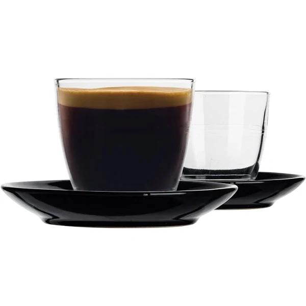 Black 6x 220ml Gigogne Glass Coffee Cups & Saucers by Duralex