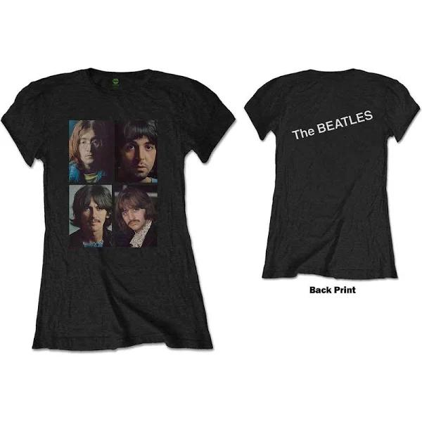 The Beatles Ladies T-Shirt: White Album Faces (Back Print) Large / Black