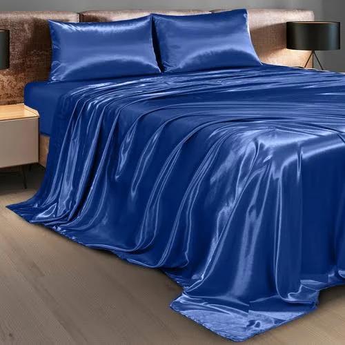 Royal Comfort Satin Sheet Set 4 Piece Fitted Flat Sheet Pillowcases - Queen - Navy Blue