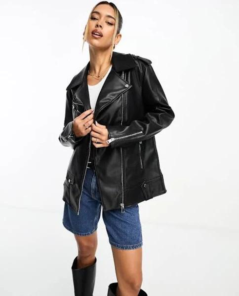 River Island Oversized PU Biker Jacket in Black