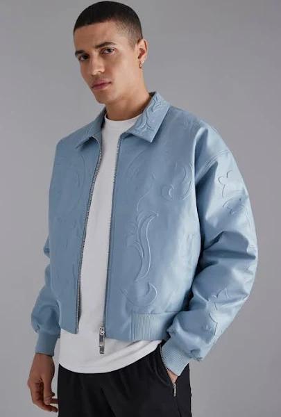 Mens Dusty Blue Embossed PU Baroque Boxy Bomber