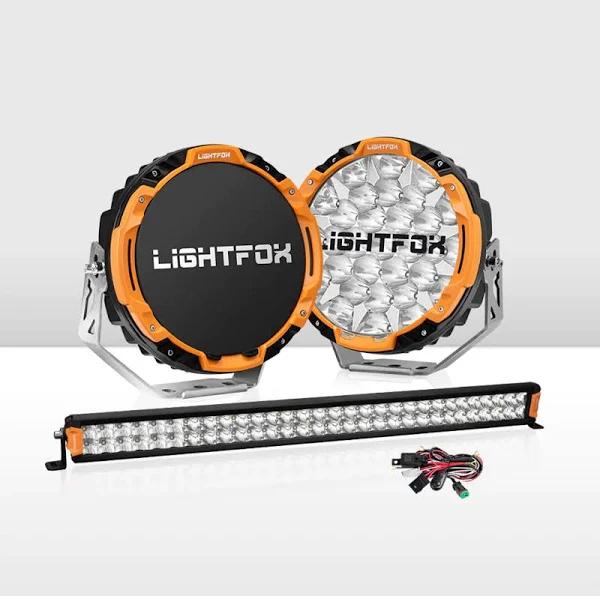 LIGHTFOX - Osram 9" Led Driving Lights + 30" Dual Row Led Light Bar w/ Wiring Kit