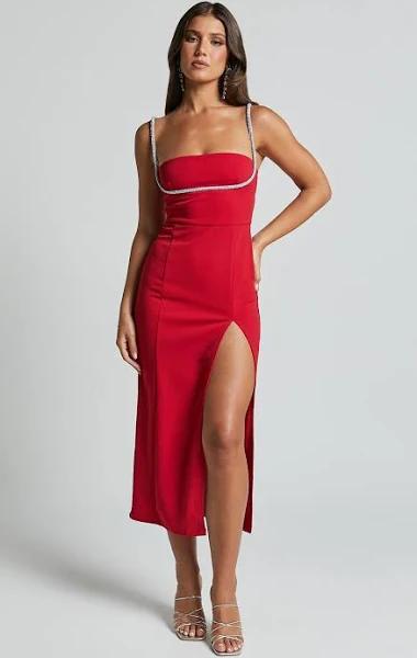 Sharley Midi Dress - Diamante Detail Pencil Dress in Red