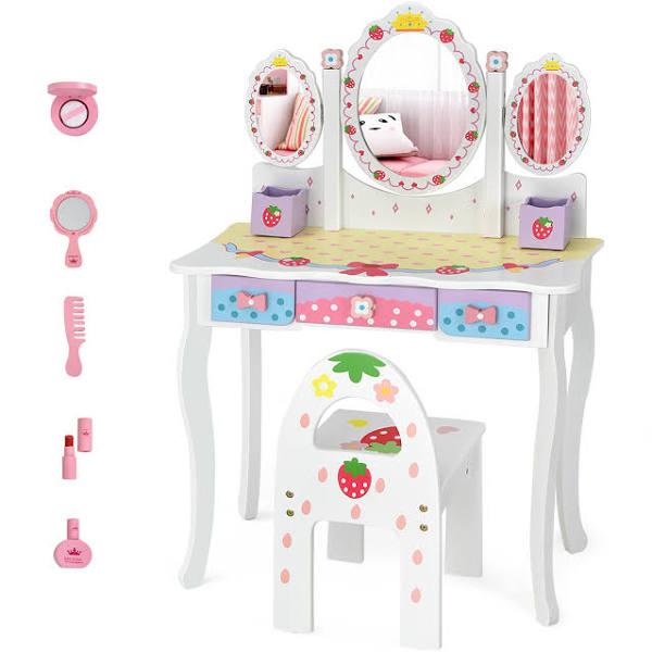 Giantex Kids Vanity Princess Makeup Dressing Table Chair Set Folding Mirror Writing Desk w/3 Drawer&2 Storage Grids, White