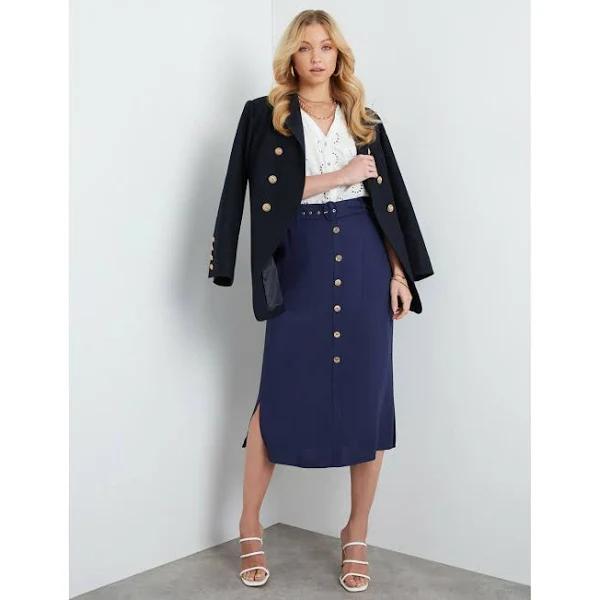 Rockmans Midi Length Button Curved Hem Belted Skirt - Size 10 - Womens - Navy