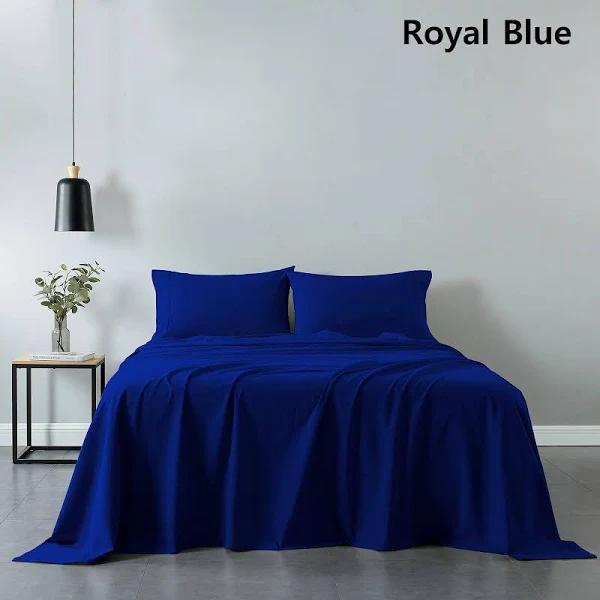 Royal Comfort Vintage Washed 100% Cotton Sheet Set Fitted Flat Sheet Pillowcases - Single - Royal Blue