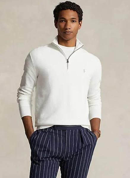 Polo Ralph Lauren Icon Logo Half Zip Cotton Knit Jumper in Off White