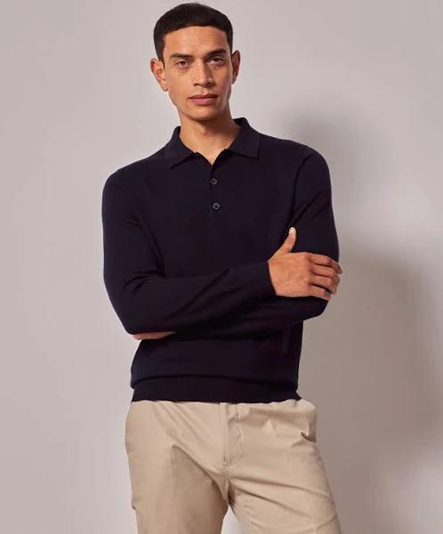 Hawes & Curtis Navy Merino Polo Jumper - Machine Washable Size: Large