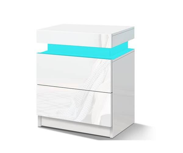 ALFORDSON Bedside Table RGB Led Nightstand 2 Drawers 4 Side High Gloss White