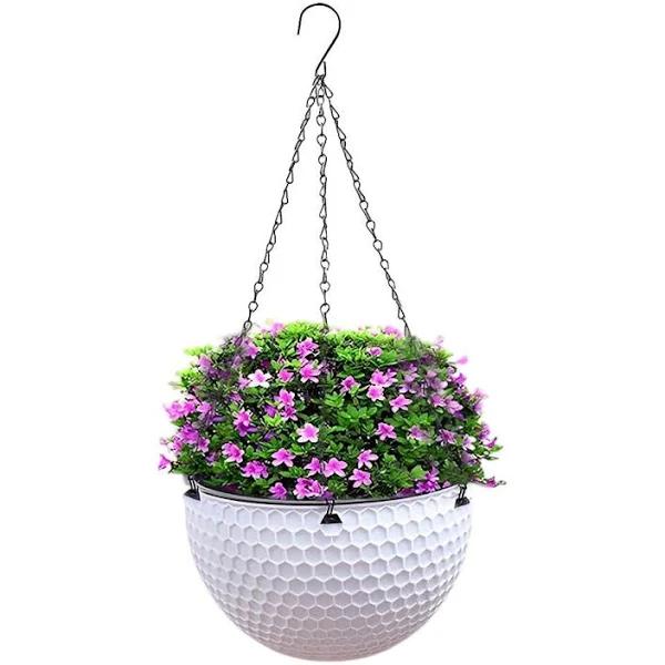 SOGA White Small Hanging Resin Flower Pot Self Watering Basket Planter Outdoor Garden Decor