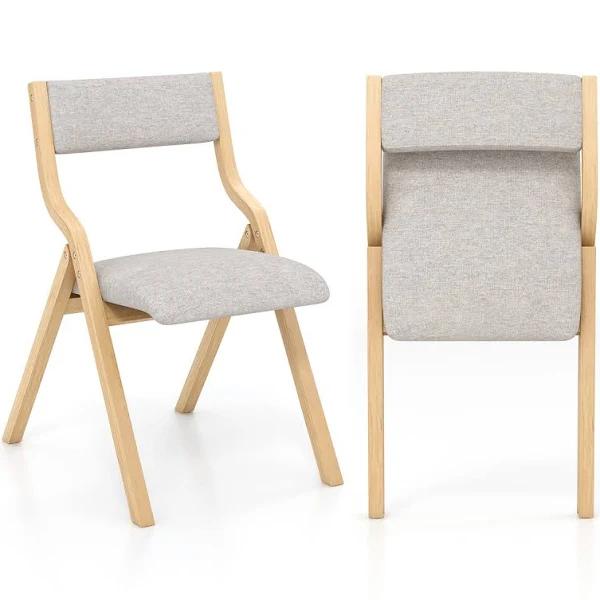 Costway Folding Dining Chair Set of 2 with Solid Wood Frame and Padded Seat-Grey