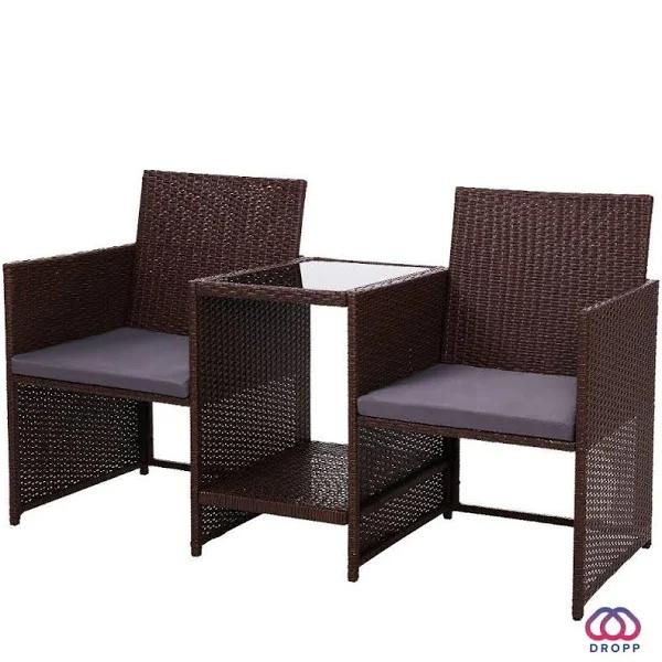 Gardeon Outdoor Setting Wicker Loveseat Birstro Patio Garden Furniture Set Brown