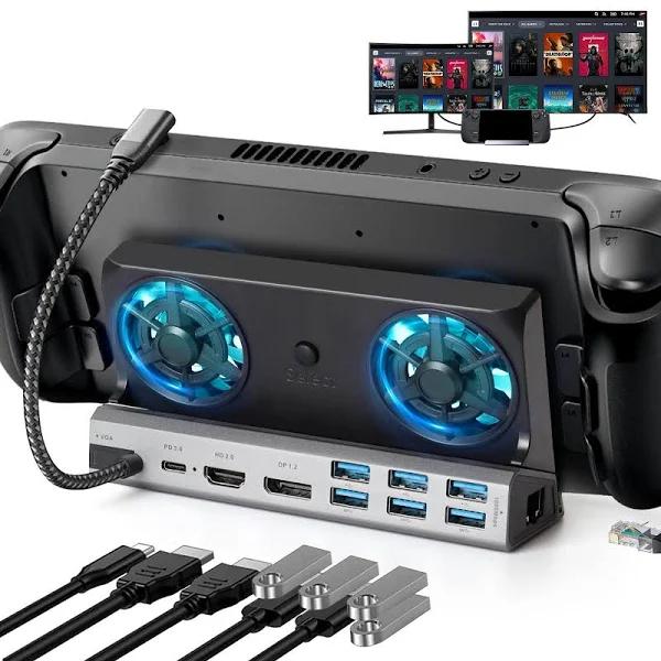 Steam Deck Dock with Dual Cooling Fans, 11-in-1 Steam Deck Docking Station with DP1.2 and HDMI 2.0 4K@60Hz, VGA, 6 USB Ports, Gigabit Ethernet, USB-C