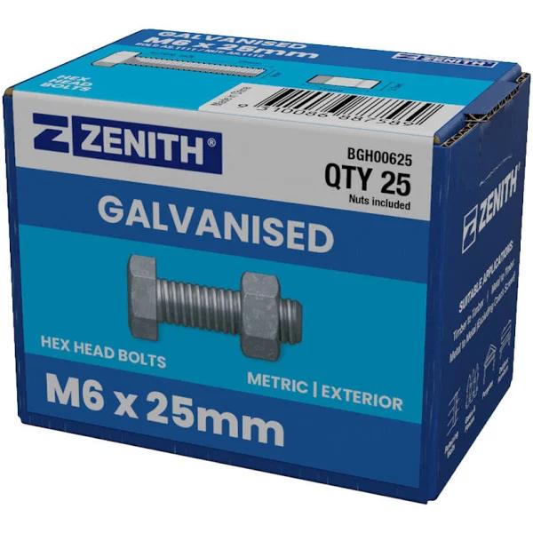 Zenith M6 x 25mm Hot Dip Galvanised Hex Head Bolts and Nuts - 25 Pack