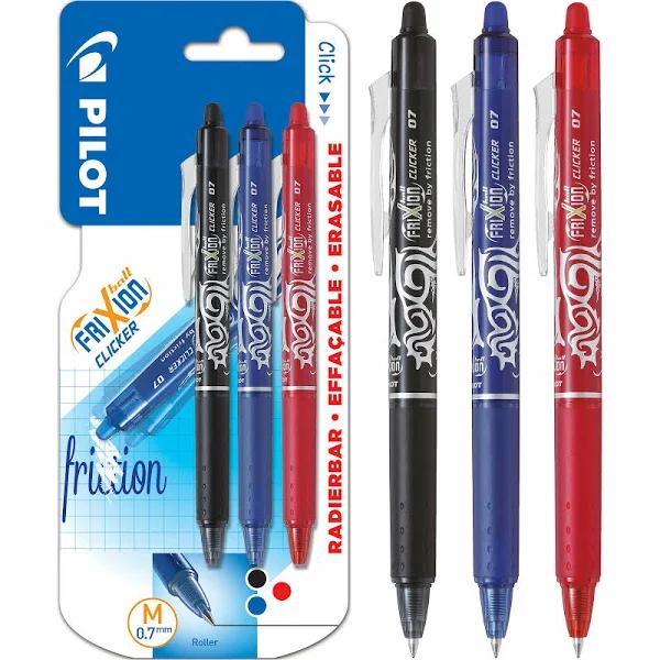 Pilot Frixion Clicker Retractable Erasable Rollerball, 0.7 mm Tip - Black/Blue/Red, Pack of 3