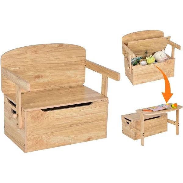 Giantex Kids Convertible Bench Table 3-in-1 Desk and Chair Set Wooden Toy Box, Natural