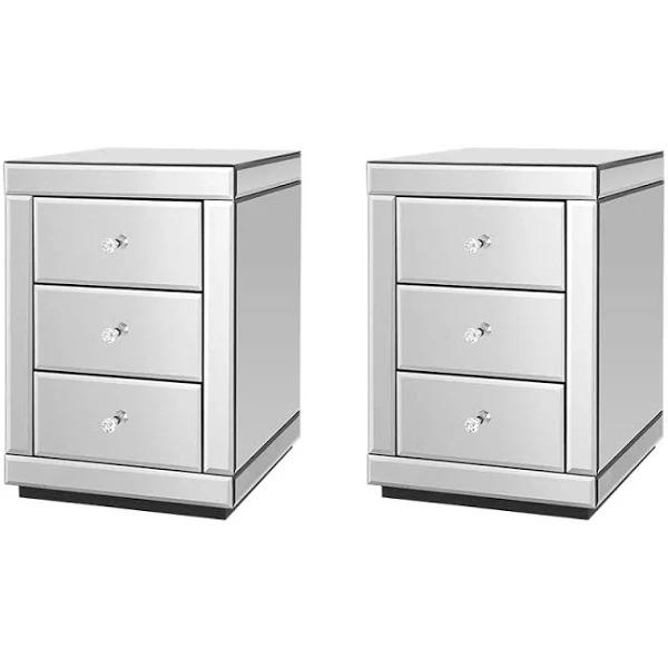 Artiss Bedside Table 3 Drawers Mirrored X2 - Presia Silver