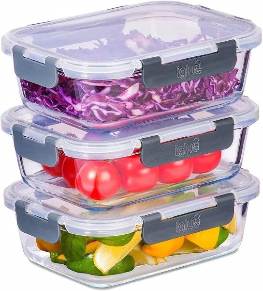 Igluu Meal Prep - Glass Containers with Leak-proof Snap Lock Lids - Airtight Portion Control Food Storage. BPA-Free, Microwavable, Oven &