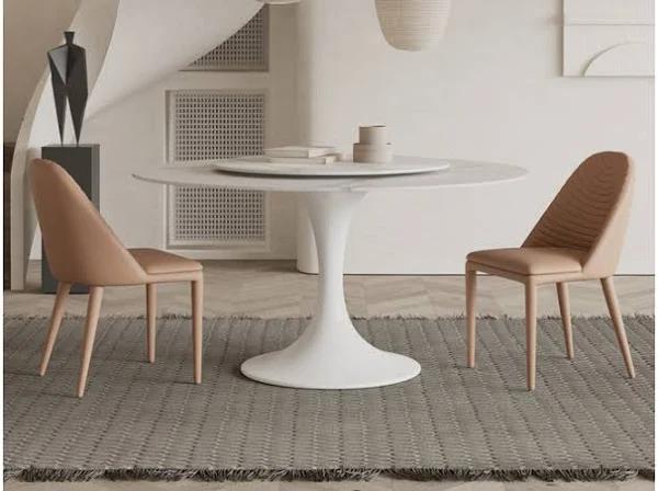 Diamonds-Home-Furniture Solana Ceramic Round Dining Table/Lazy Susan/Steel Base/Matte Fish-belly White Top