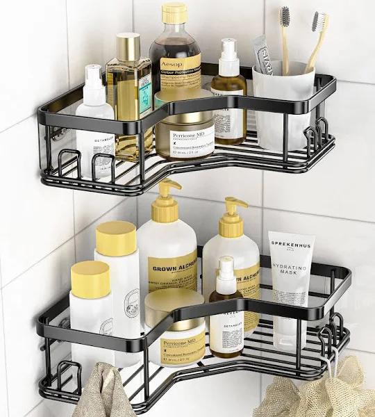 Corner Shower Caddy, Shower Organizer Corner Shower Shelf with 8 hooks,2-Pack Adhesive Stainless Steel MAXIFFE Shower Shelves for Bathroom Storage (