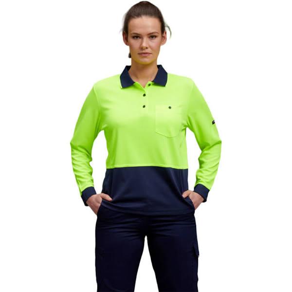 KingGee Women's Workcool Hyperfreeze Spliced Long Sleeve Polo - Yellow/Navy - Size XL