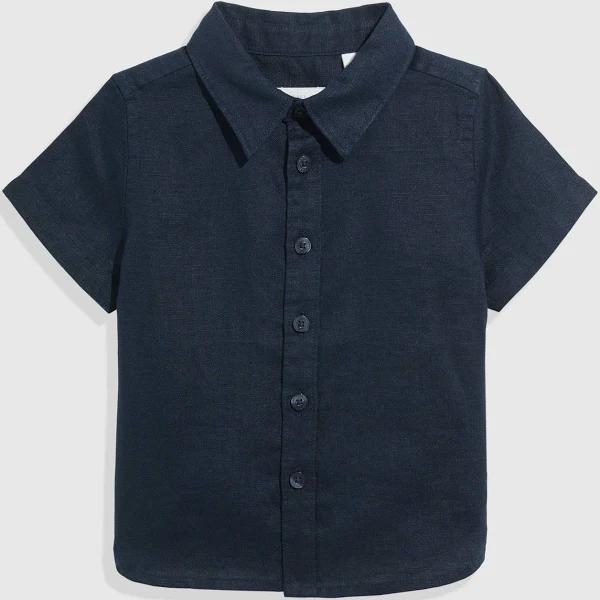 Country Road Boys Organically Grown Short Sleeve Shirt Navy in Size 6-12 Months | 100% Linen