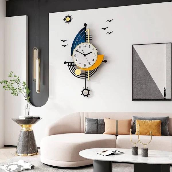 YISILE Modern Wall Clock Battery Operated 14 Inch Large Boat Design Pendulum Wall Clocks for Living Room Decor 3D Silent Clock Wall Decor Sticker