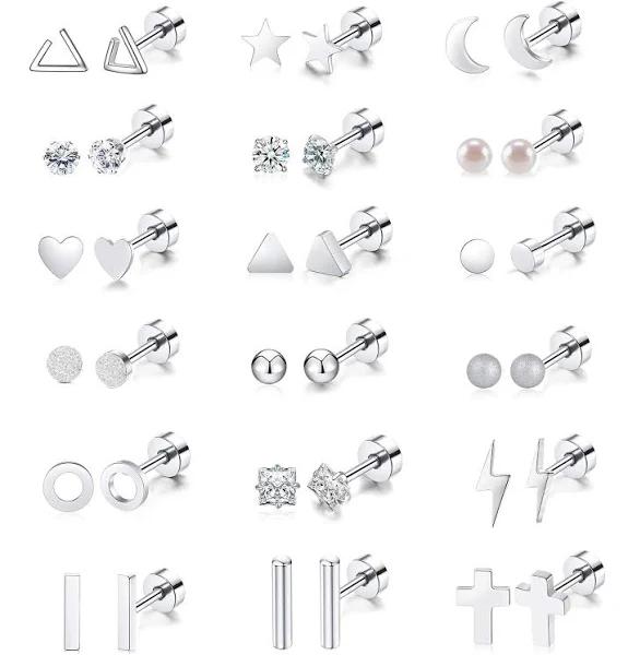 18 Pairs Tiny Cartilage Stud Earrings Set For Women Men Star Triangle Moon Heart Disc Ball CZ Small Screwback Flat Back Stud Earrings Stainless